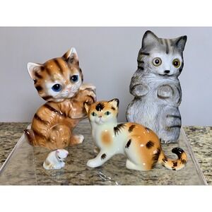 Vintage Set Of 4 Porcelain Cat Figurines Tabby Gray‎ Grey Feline Japan